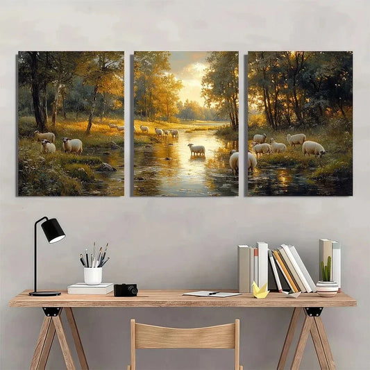 3pcs Serene Sheep and Tree River Metal Print Ready to Hang Art