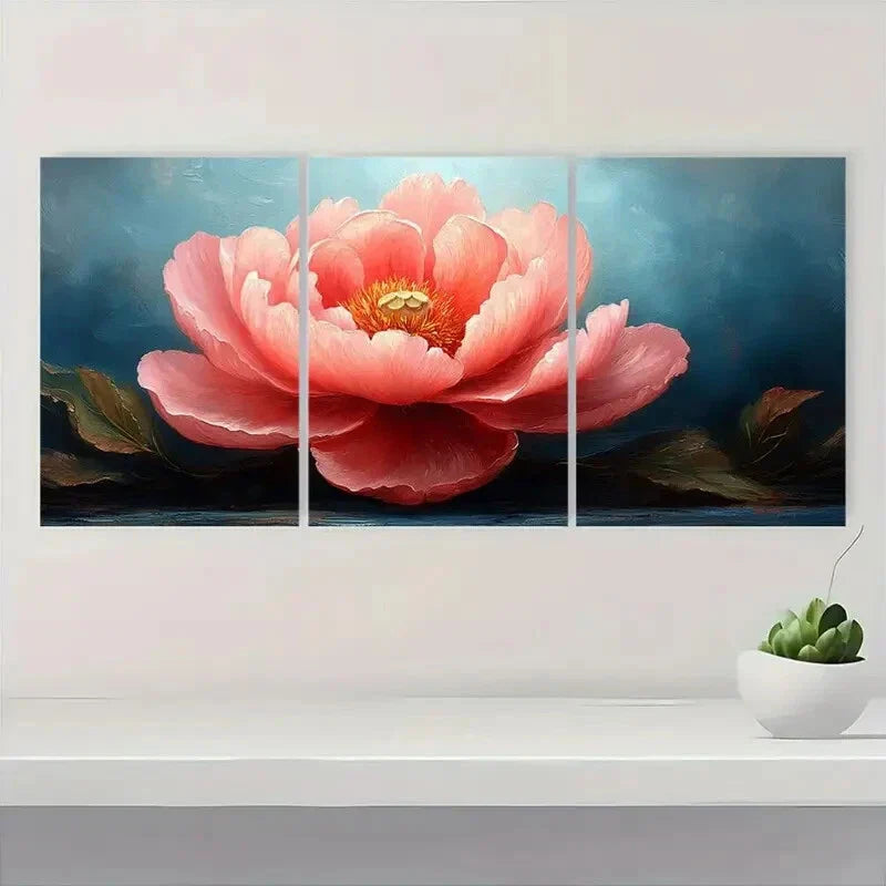3pcs Vibrant Pink Peonies with Blue Metal Print Ready to Hang Art