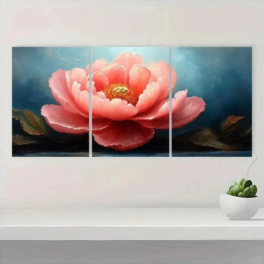 3pcs Vibrant Pink Peonies with Blue Metal Print Ready to Hang Art