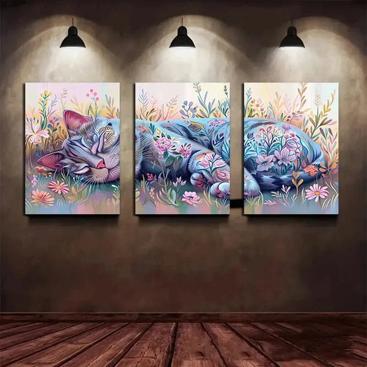 3pcs Sleeping Cat Colourful Modern Metal Print Ready to Hang Art