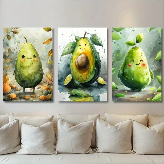 3pcs Cute Avocado Face Green Leaves Brown Leaves Metal Print Ready to Hang Art