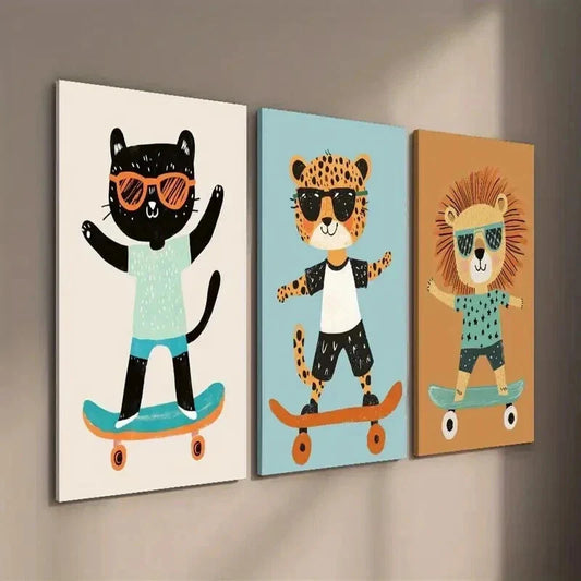 3pcs Funny Cartoon Cheetah Cat Lion Illustration Wall Art Set Canvas Framed 40x60cm - High Quality Print 100% Australian Made Wall Canvas Ready to Hang