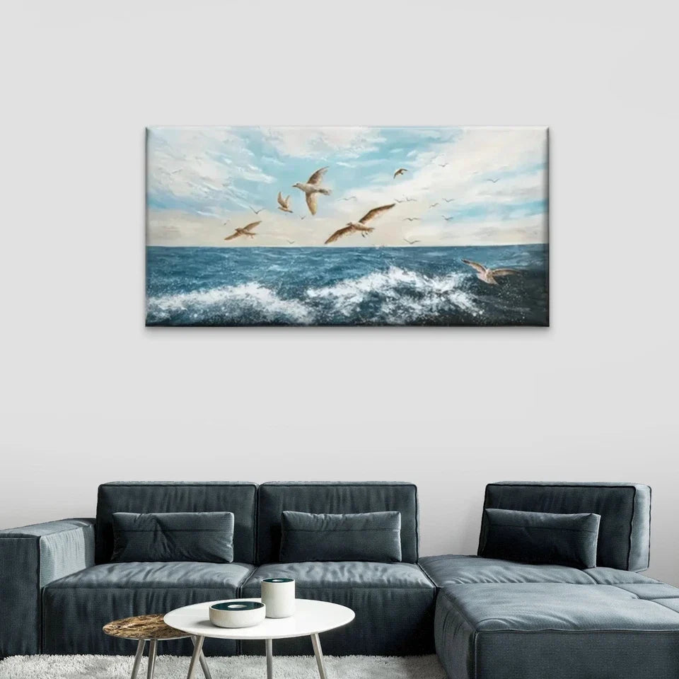 Birds Flying Over The Ocean Wall Art Canvas Office Home Room Framed 80x45cm