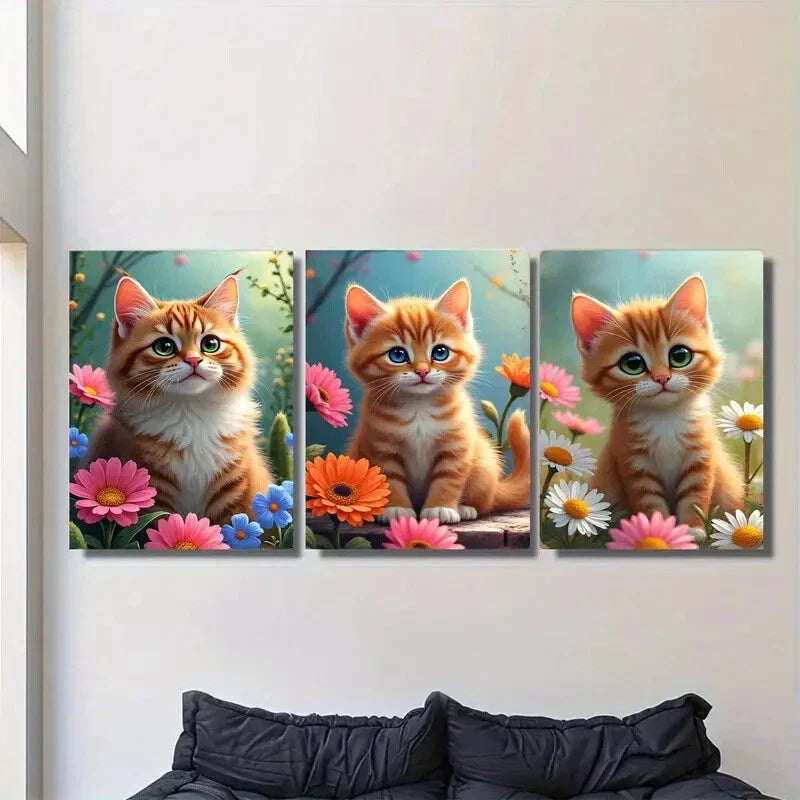 3pcs Charming Cat Trio Vibrant Floral Metal Print Ready to Hang Art