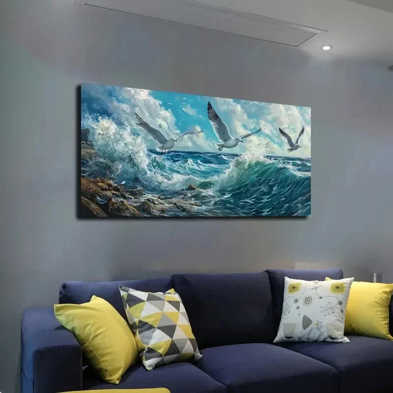 Seagulls Soaring Over Ocean Wall Art canvas office home room framed 120x60cm