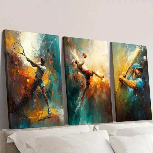 3pcs Tennis Basketball Baseball Player in Motion Wall Art Set Canvas Framed 40x60cm - High Quality Print 100% Australian Made Wall Canvas Ready to Hang