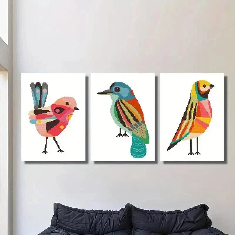 3pcs Geometric Birds Cross Stitch Pattern Wall Art Set Canvas Framed 40x60cm - High Quality Print 100% Australian Made Wall Canvas Ready to Hang