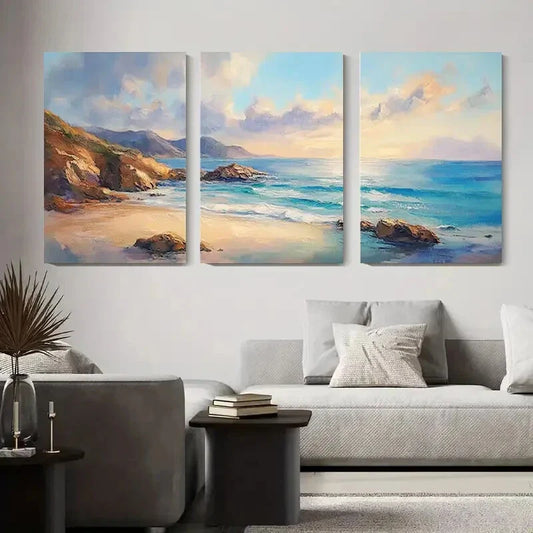 3pcs Tranquil Ocean Landscape with Rocks Metal Print Ready to Hang Art