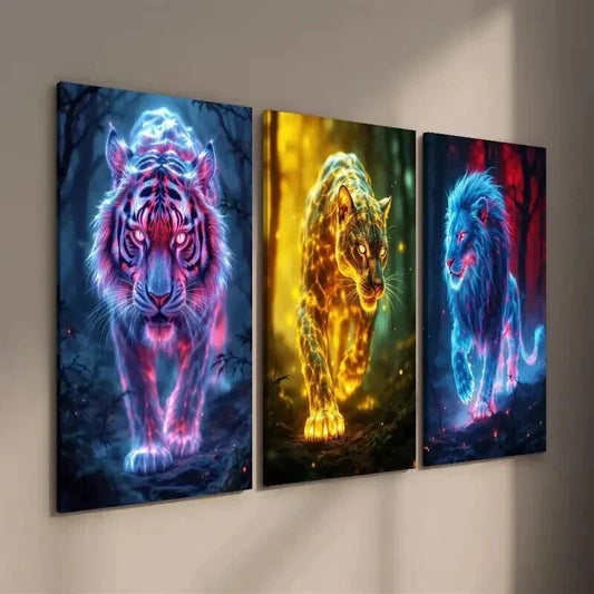 3pcs Glowing Wild Animal Tiger Cheetah and Lion Wall Art Set Canvas Framed 40x60cm - High Quality Print 100% Australian Made Wall Canvas Ready to Hang