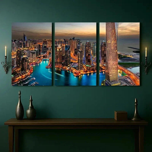 3pcs Dubai Marina Night Skyscrapers & Waterfront Wall Art Set Canvas Framed 40x60cm - High Quality Print 100% Australian Made Wall Canvas Ready to Hang