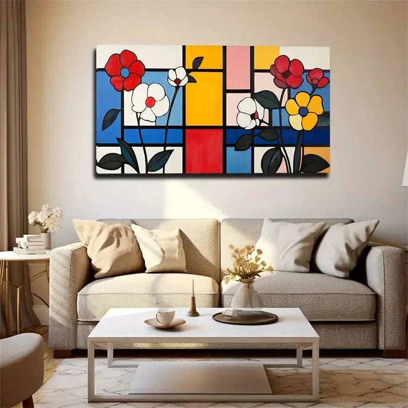 Vibrant Floral And Geometric Wall Art Canvas Office Home Room Framed 80x45cm