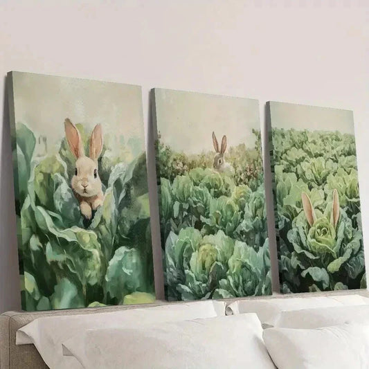 3pcs Rabbits in the Vegetable Garden Wall Art Set Canvas Framed 40x60cm - High Quality Print 100% Australian Made Wall Canvas Ready to Hang