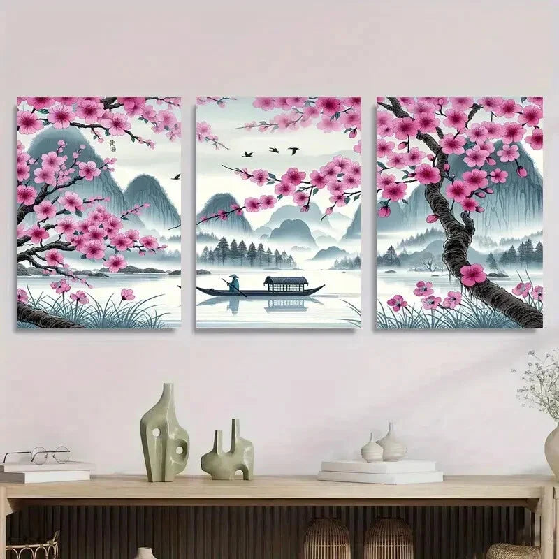 3pcs Serene Cherry Blossom River Boat Scene Metal Print Ready to Hang Art