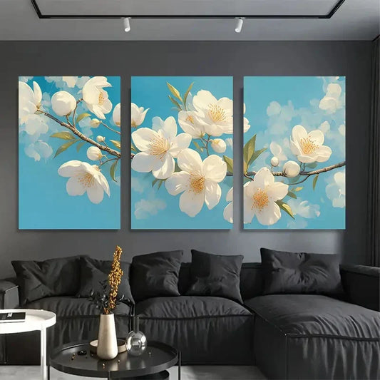 3pcs Apricot White Flowers & Green Leaves Metal Print Ready to Hang Art