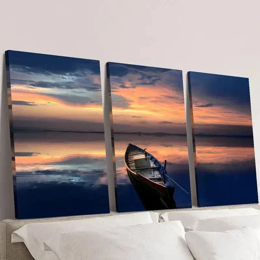 3pcs Boat on Middle of The Sea at Sunset Wall Art Set Canvas Framed 40x60cm - High Quality Print 100% Australian Made Wall Canvas Ready to Hang