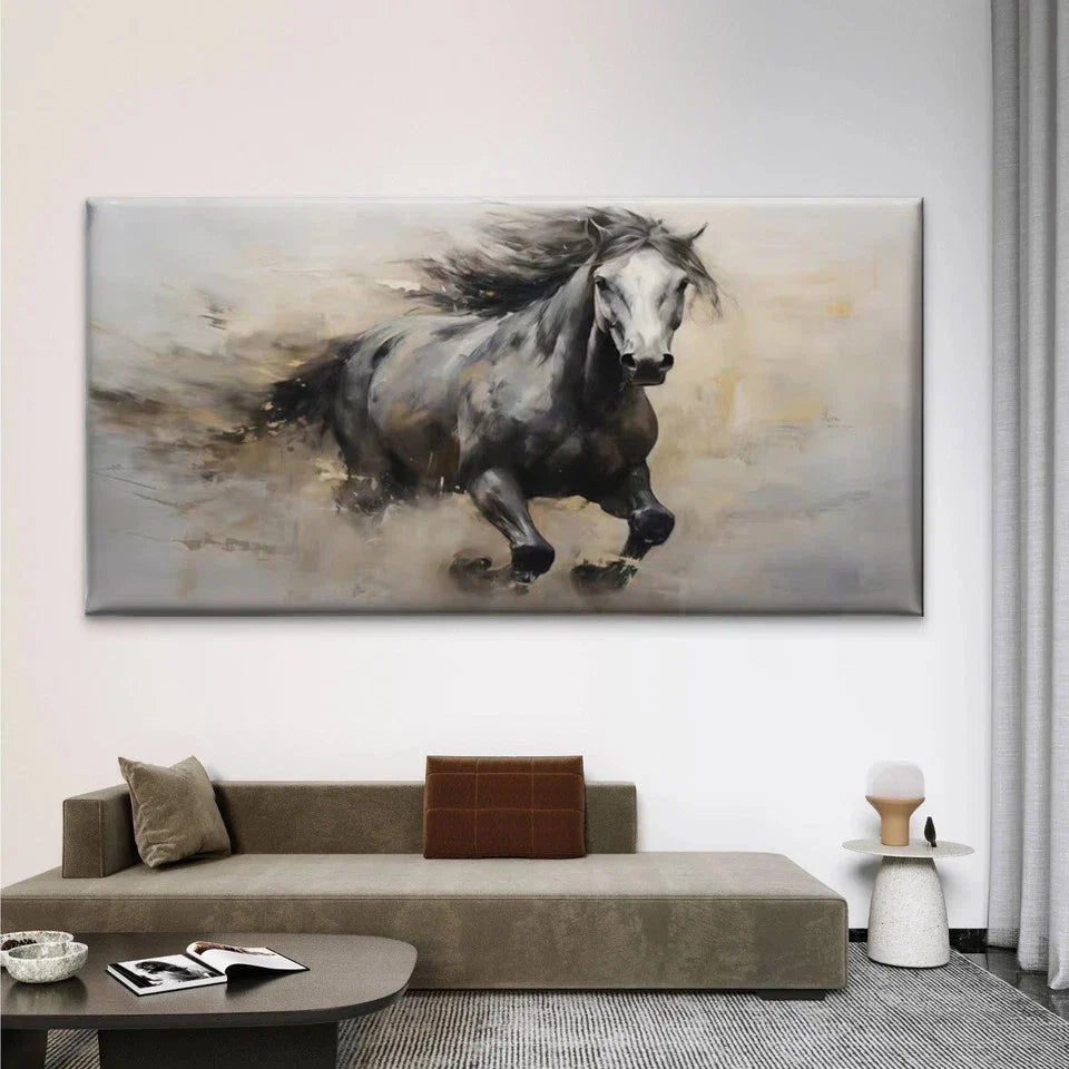 Running Black Horse Wall Art Canvas Office Home Room Framed 120x60cm