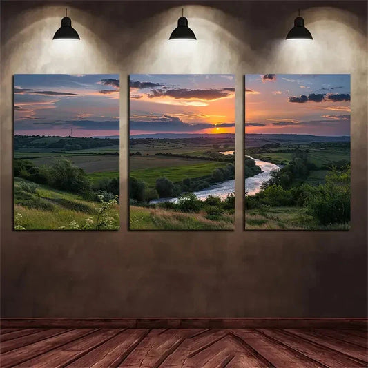 3pcs Rustic Sunset Countryside Scenery River Metal Print Ready to Hang Art