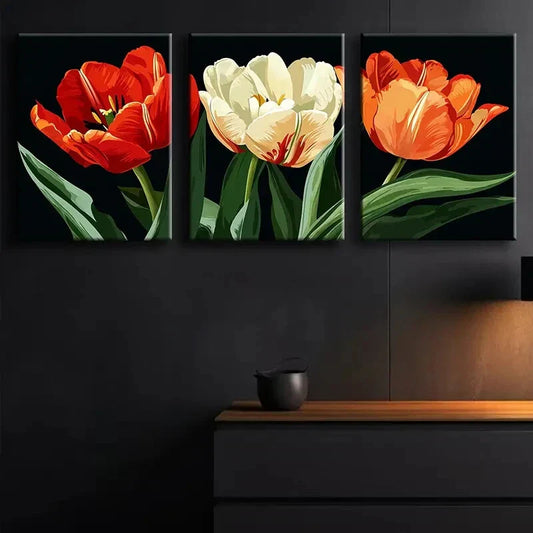 3pcs Three Tulips Red Orange Floral Perfect Wall Art Set Canvas Framed 40x60cm - High Quality Print 100% Australian Made Wall Canvas Ready to Hang