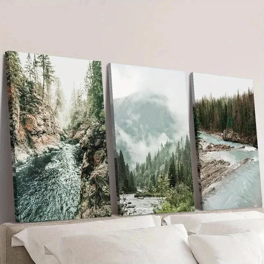3pcs Misty Mountains & Pine Trees Landscape Wall Art Set Canvas Framed 40x60cm - High Quality Print 100% Australian Made Wall Canvas Ready to Hang