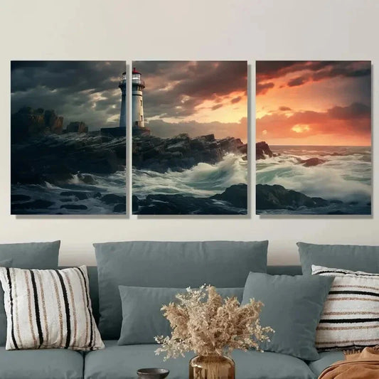 3pcs Stormy Sea Lighthouse Triptych Metal Print Ready to Hang Art