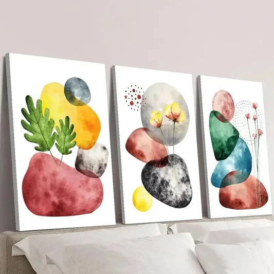 3pcs Colorful Geometric Stones and Flowers Wall Art Set Canvas Framed 40x60cm - High Quality Print 100% Australian Made Wall Canvas Ready to Hang