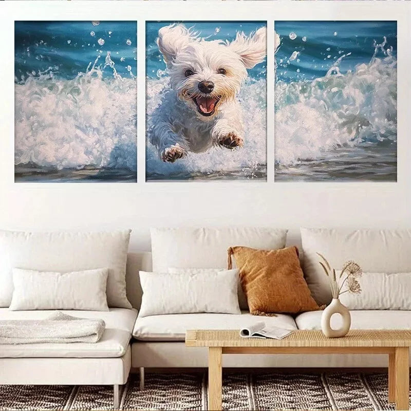3pcs Playful White Dog Jumping in Ocean Waves Wall Art Set Canvas Framed 40x60cm - High Quality Print 100% Australian Made Wall Canvas Ready to Hang
