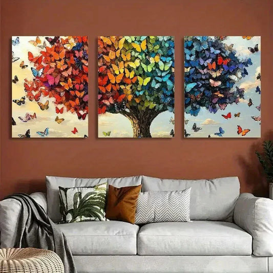 3pcs Vibrant Butterfly Tree Wall Art Set Canvas Framed 40x60cm - High Quality Print 100% Australian Made Wall Canvas Ready to Hang