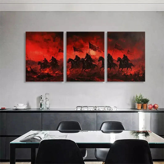 3pcs Red Warrior Horsemen Battle Flag Perfect Wall Art Set Canvas Framed 40x60cm - High Quality Print 100% Australian Made Wall Canvas Ready to Hang