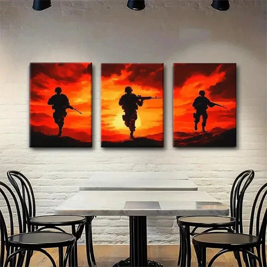 3pcs Heroic Battlefield Sunset Soldier Perfect Wall Art Set Canvas Framed 40x60cm - High Quality Print 100% Australian Made Wall Canvas Ready to Hang