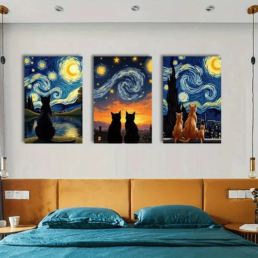 3pcs Van Gogh Starry Night Inspired Cat & Dog Metal Print Ready to Hang Art