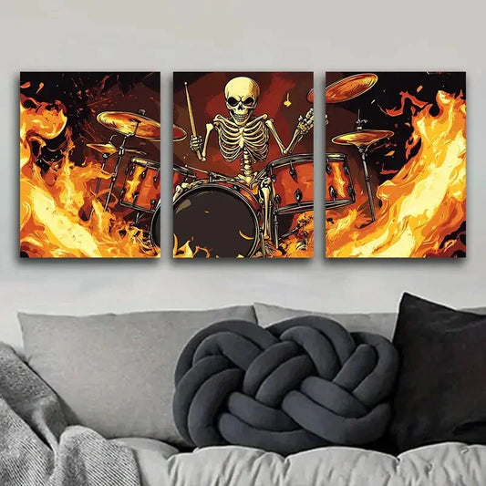 3pcs Skeletons Play Drums Art Painting, Metal Print Ready to Hang Art