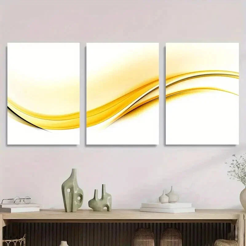 3pcs Modern Abstract Wave Yellow and White Metal Print Ready to Hang Art