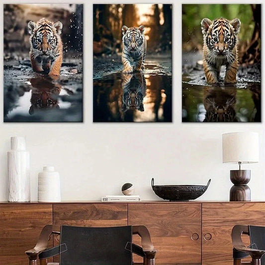3pcs Tiger Cub Cute Animal Water Walking Metal Print Ready to Hang Art
