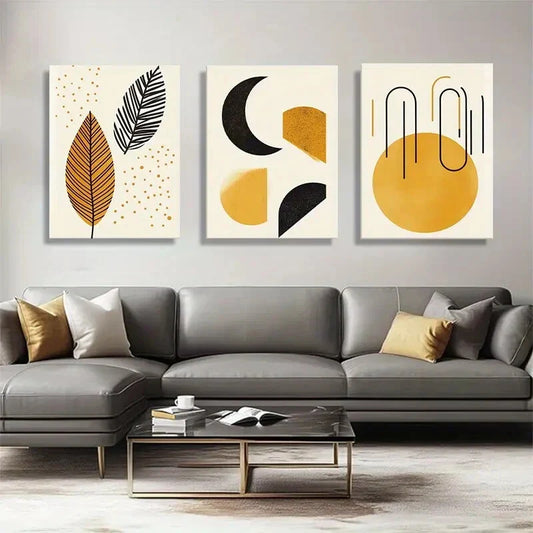 3pcs Geometric & Nature-Inspired Yellow Perfect Wall Art Set Canvas Framed 40x60cm - High Quality Print 100% Australian Made Wall Canvas Ready to Hang