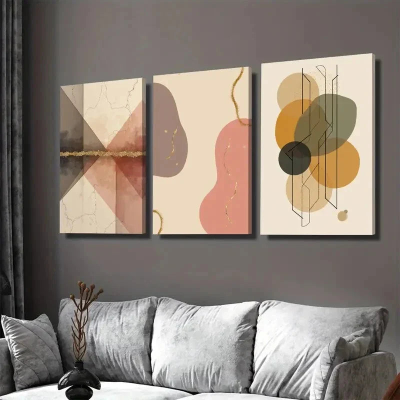3pcs Modern Abstract Geometric Shapes & Golden Wall Art Set Canvas Framed 40x60cm - High Quality Print 100% Australian Made Wall Canvas Ready to Hang