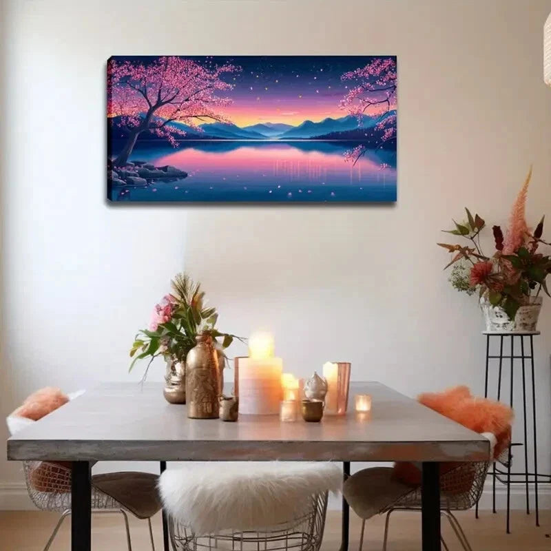Pink Sakura Trees Starry Night Wall Art Canvas Office Home Room Framed 120x60cm