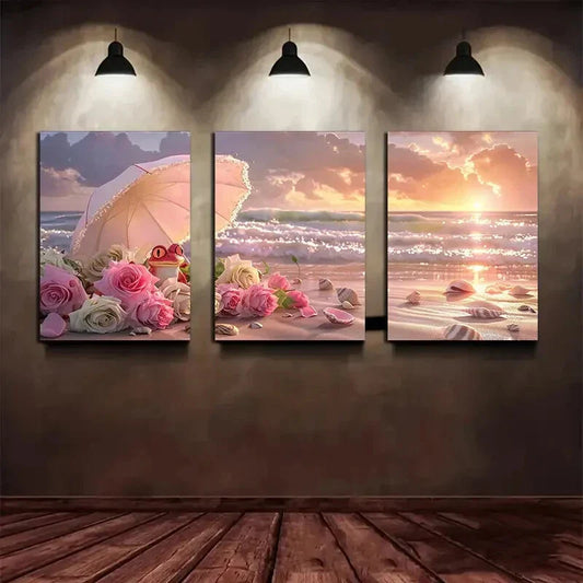 3pcs Red Peach Frogs Under Beach Umbrellas Metal Print Ready to Hang Art