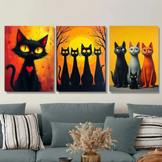 3pcs Black Cat Family Picture Modern Wall Art Set Canvas Framed 40x60cm - High Quality Print 100% Australian Made Wall Canvas Ready to Hang