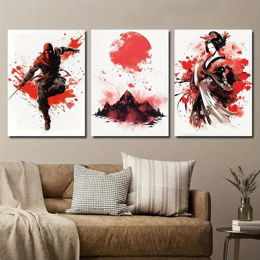 3pcs Modern Japanese Ninja Red Sun Mountain Peak Metal Print Ready to Hang Art