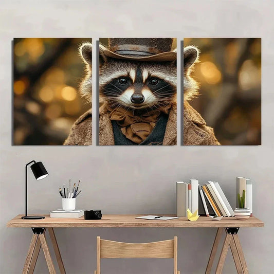 3pcs Vintage Gentleman Raccoon Modern Style Metal Print Ready to Hang Art
