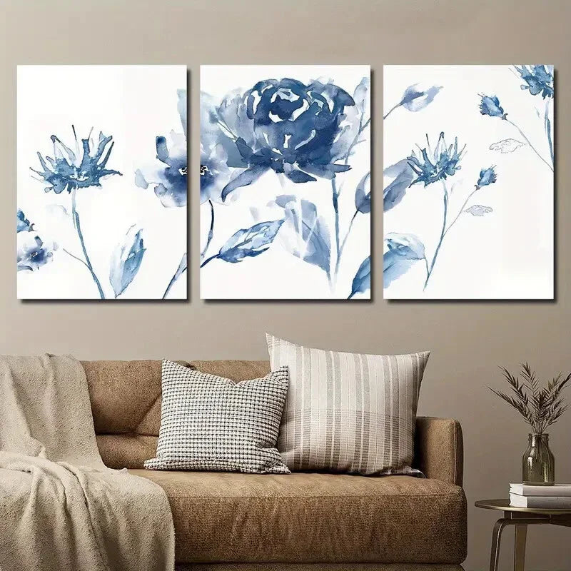 3pcs Elegant and Simple Blue Flowers Wall Art Set Canvas Framed 40x60cm - High Quality Print 100% Australian Made Wall Canvas Ready to Hang