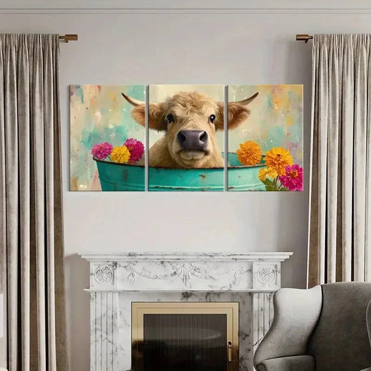 3pcs Cow in Tub with Vibrant Floral Surroundings Metal Print Ready to Hang Art