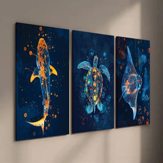 3pcs Colorful Shark Turtle and Stingray Wall Art Set Canvas Framed 40x60cm - High Quality Print 100% Australian Made Wall Canvas Ready to Hang