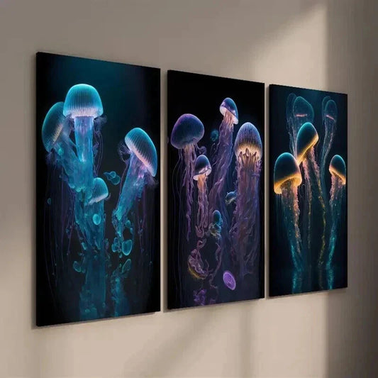 3pcs Glowing Jellyfish Marine Life Wall Art Set Canvas Framed 40x60cm - High Quality Print 100% Australian Made Wall Canvas Ready to Hang