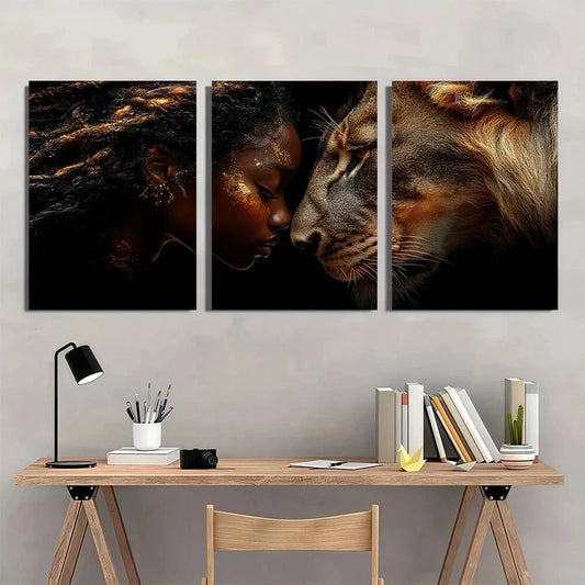 3pcs African Goddess and Lion Vibrant Metal Print Ready to Hang Art