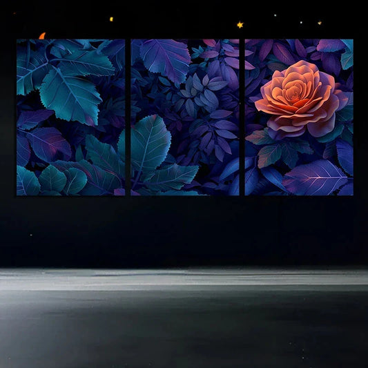 3pcs Purple Floral and Pink Rose Metal Print Ready to Hang Art