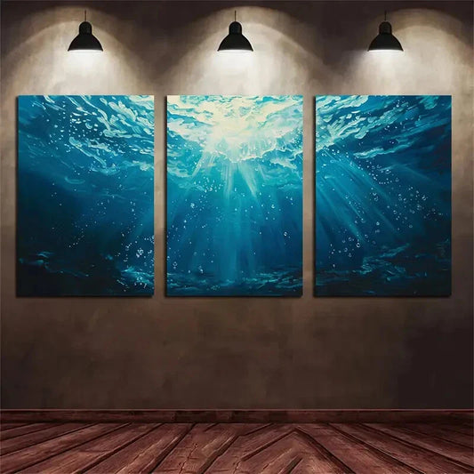 3pcs Underwater Sunlight Blue & White Metal Print Ready to Hang Art