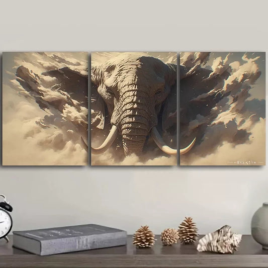 3pcss Elephant Design, Charging With Dust Wall Art Set Canvas Framed 40x60cm - High Quality Print 100% Australian Made Wall Canvas Ready to Hang