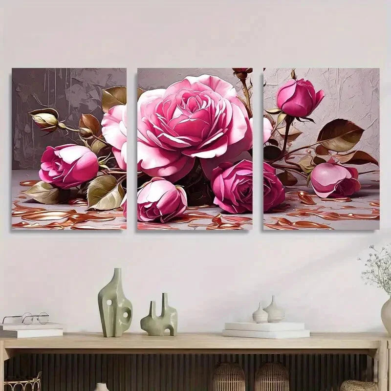 3pcs Elegant Abstract Rose Modern Chic Botanical Metal Print Ready to Hang Art