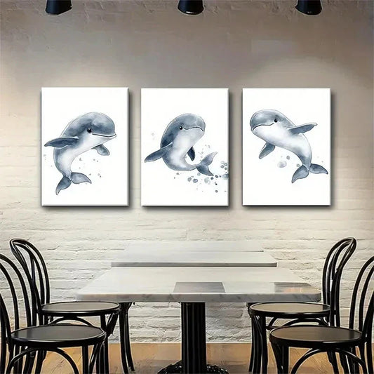 3pcs Playful Dolphin Watercolor Energetic Sea Metal Print Ready to Hang Art